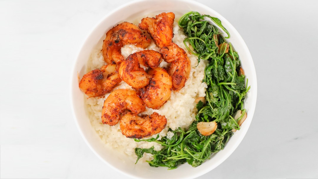 Keto Shrimp and “Grits” with Arugula
