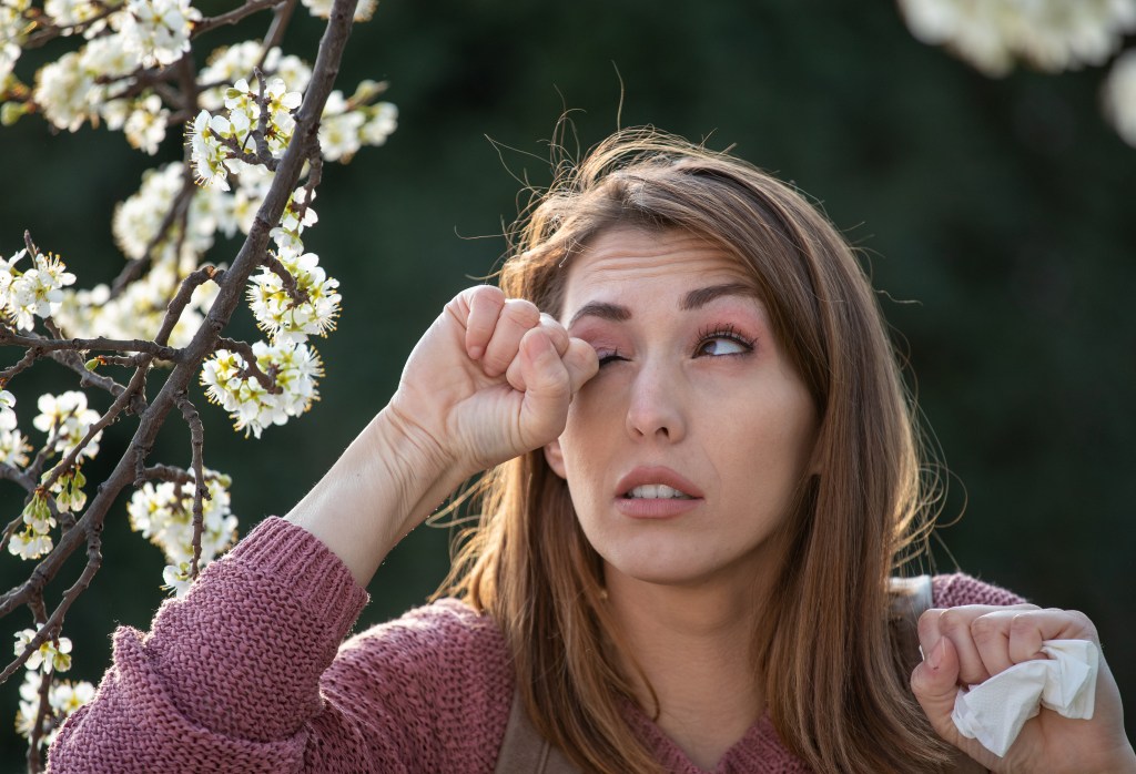 Woman rubbing eyes with allergies