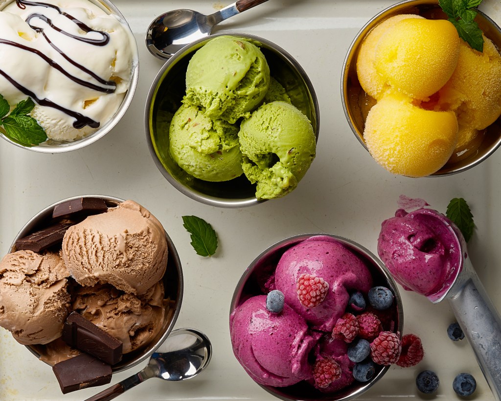 Bowls of brightly colored ice cream