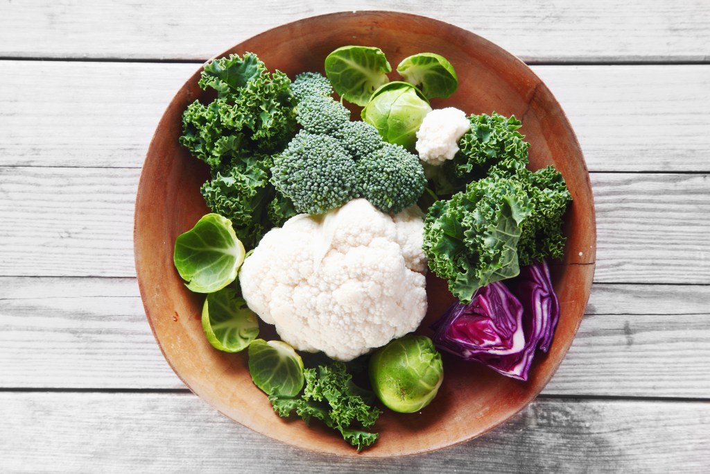 Cruciferous vegetables in a wooden bowl 
