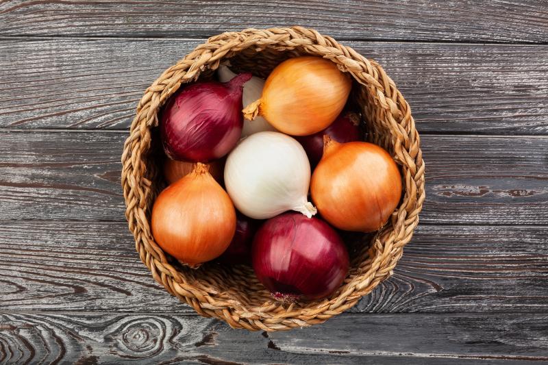 Basket of colorful onions
