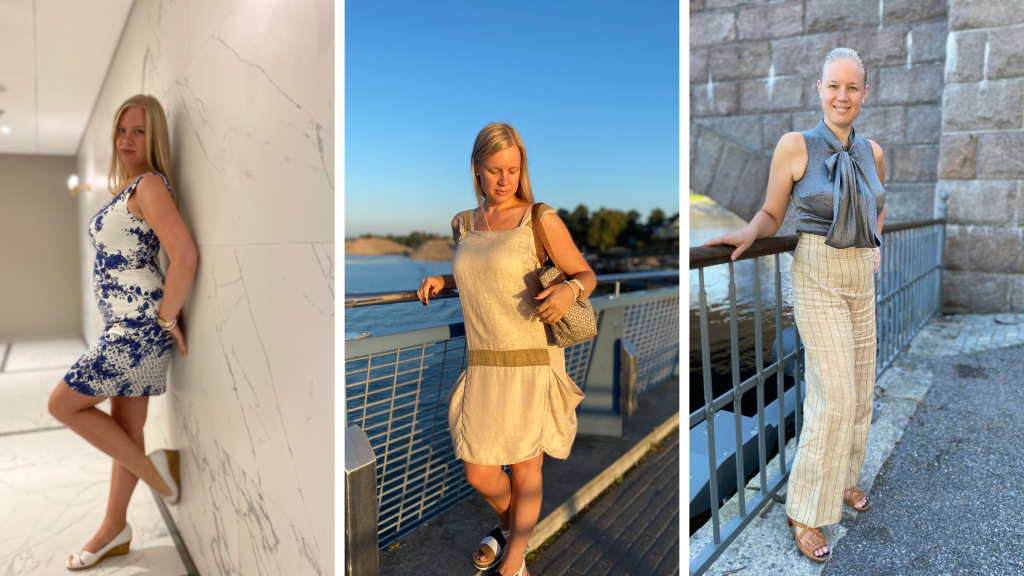 Three women in stylish outfits outdoors.