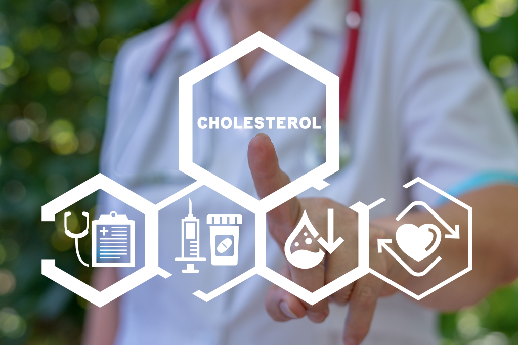 a person touching a screen with icons for cholesterol