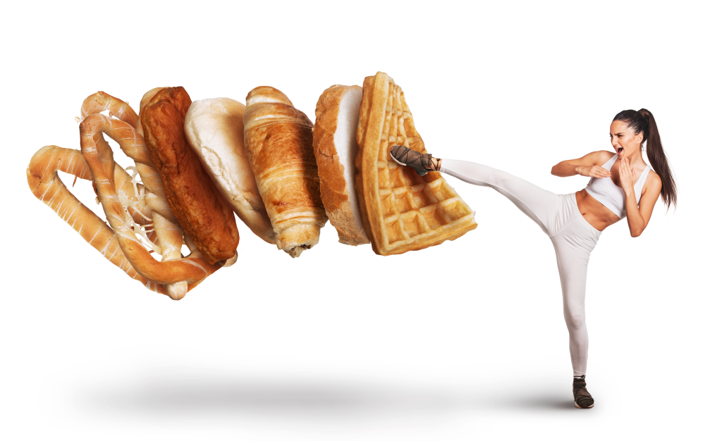 Woman kicking unhealthy foods