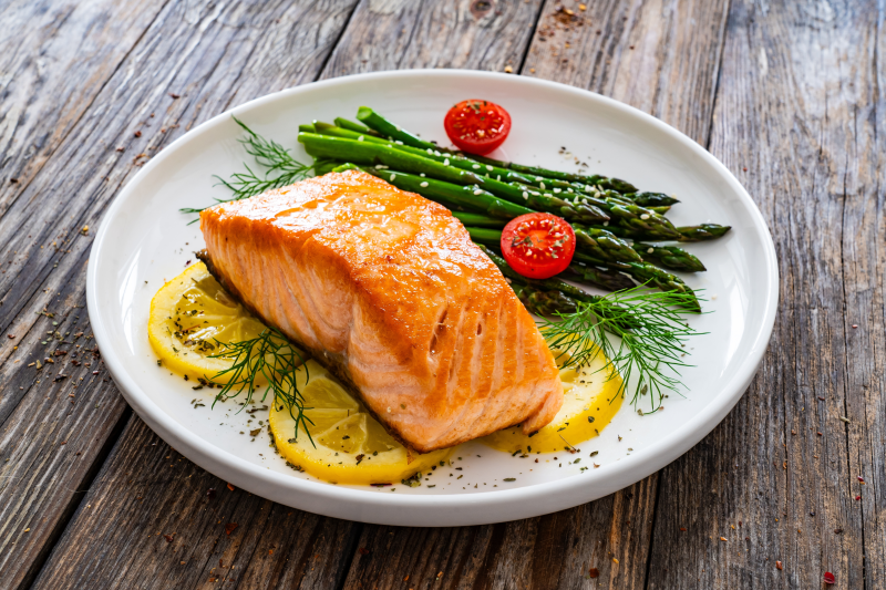 Fresh salmon dinner with asparagus
