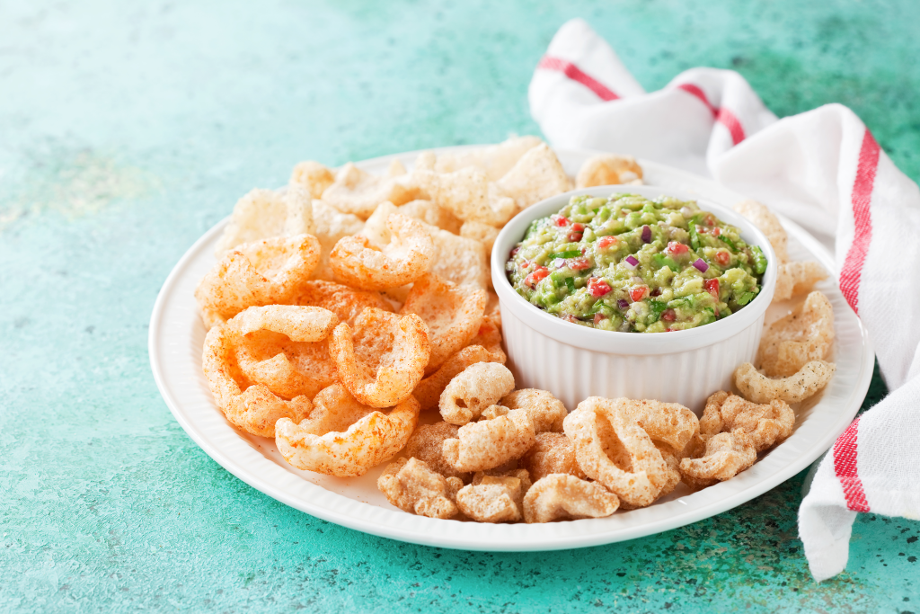 Pork rinds with avocado dip
