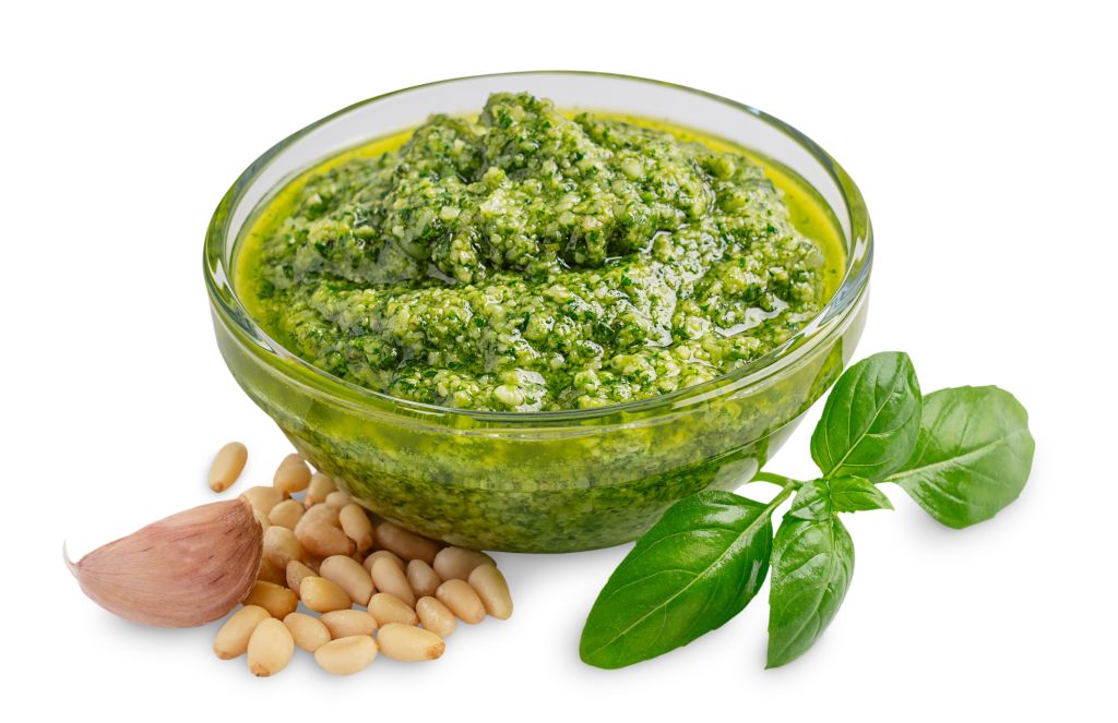 Basil pesto sauce with fresh basil and pine nuts basil benifits