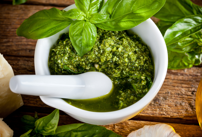 Fresh pesto in mortar and pestle