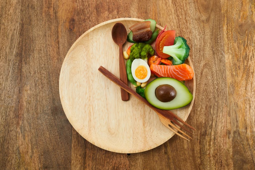 Intermittent fasting clock, healthy food