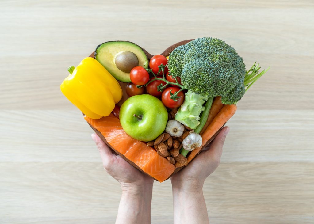 Keto foods in heart bowl