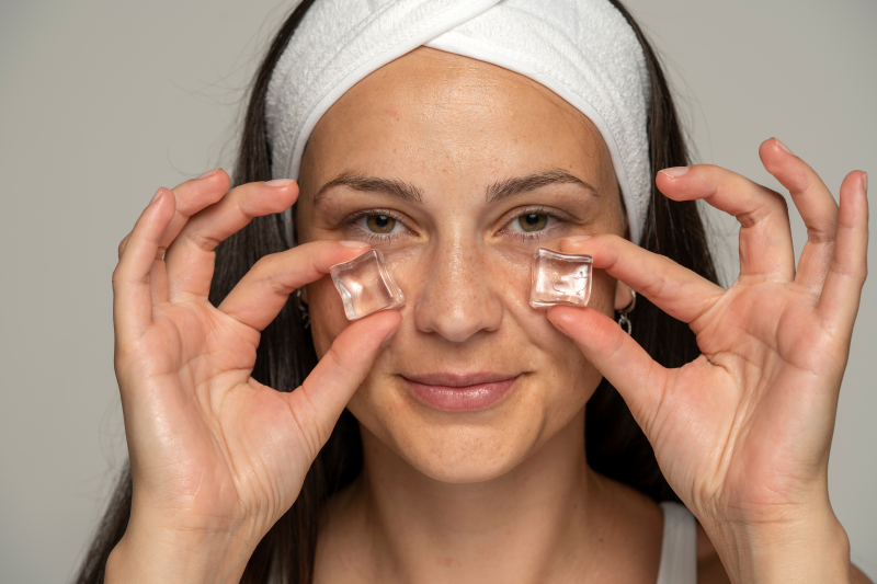 woman with ice under eyes