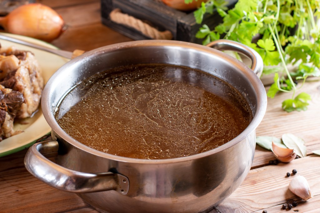 Savory broth in a pot