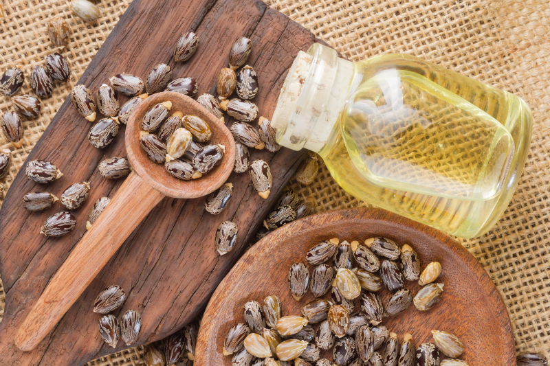Castor oil on wooden table