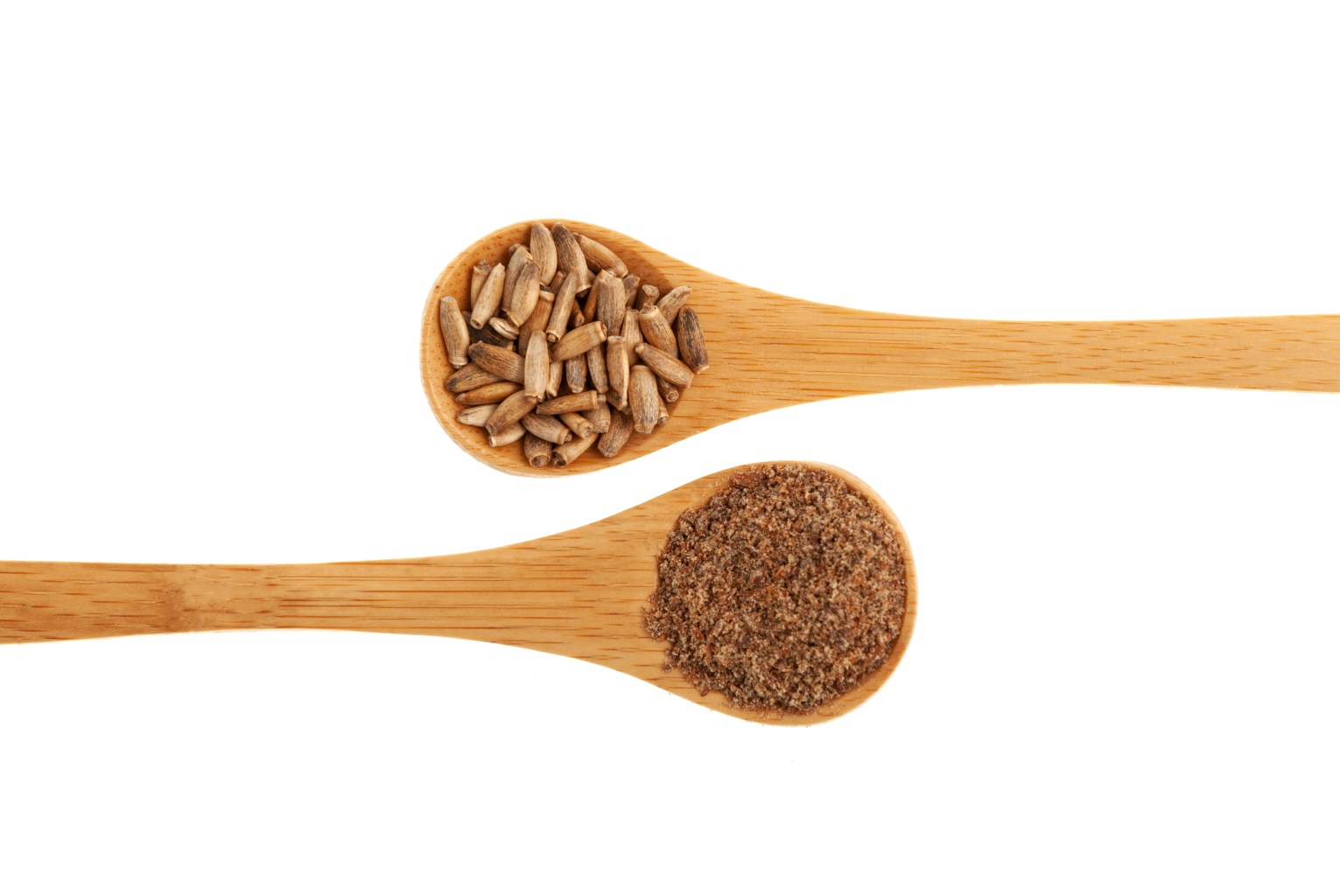 Ground milk thistle seeds on a wooden spoon 