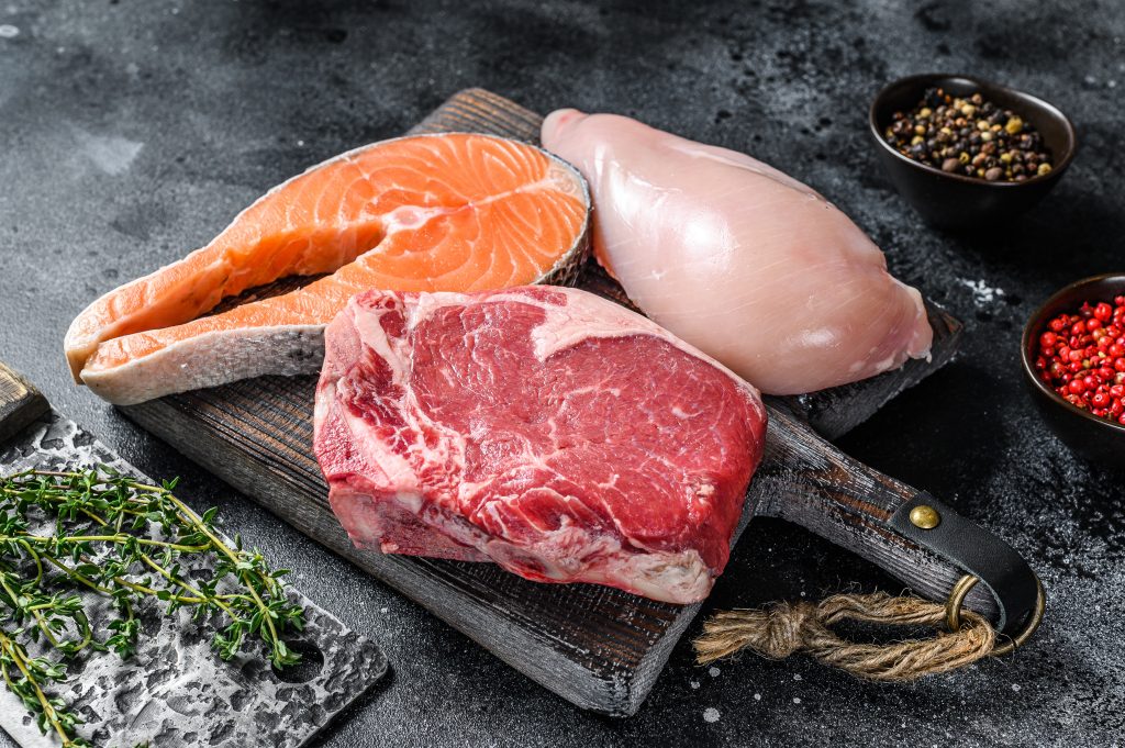 Raw meat, fish, and chicken