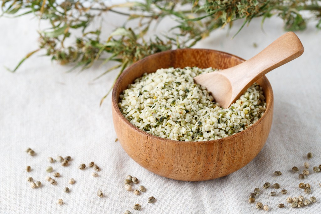shelled hemp seeds in a bowl