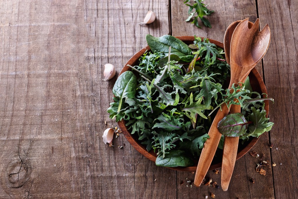 Green leafy vegetable salad and garlic