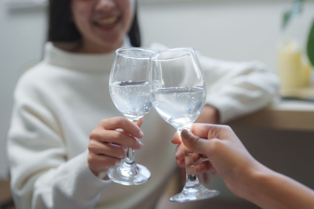 Friends drinking plain sparkling water 