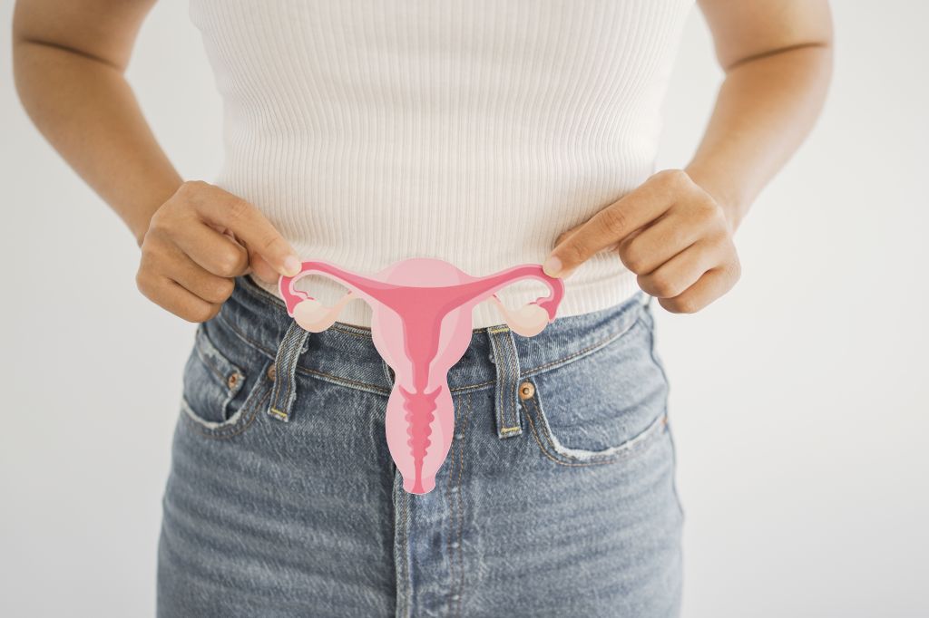 Woman holding a uterus model