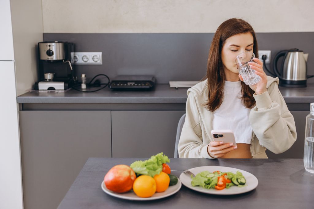 Woman eating lunch and drinking water 