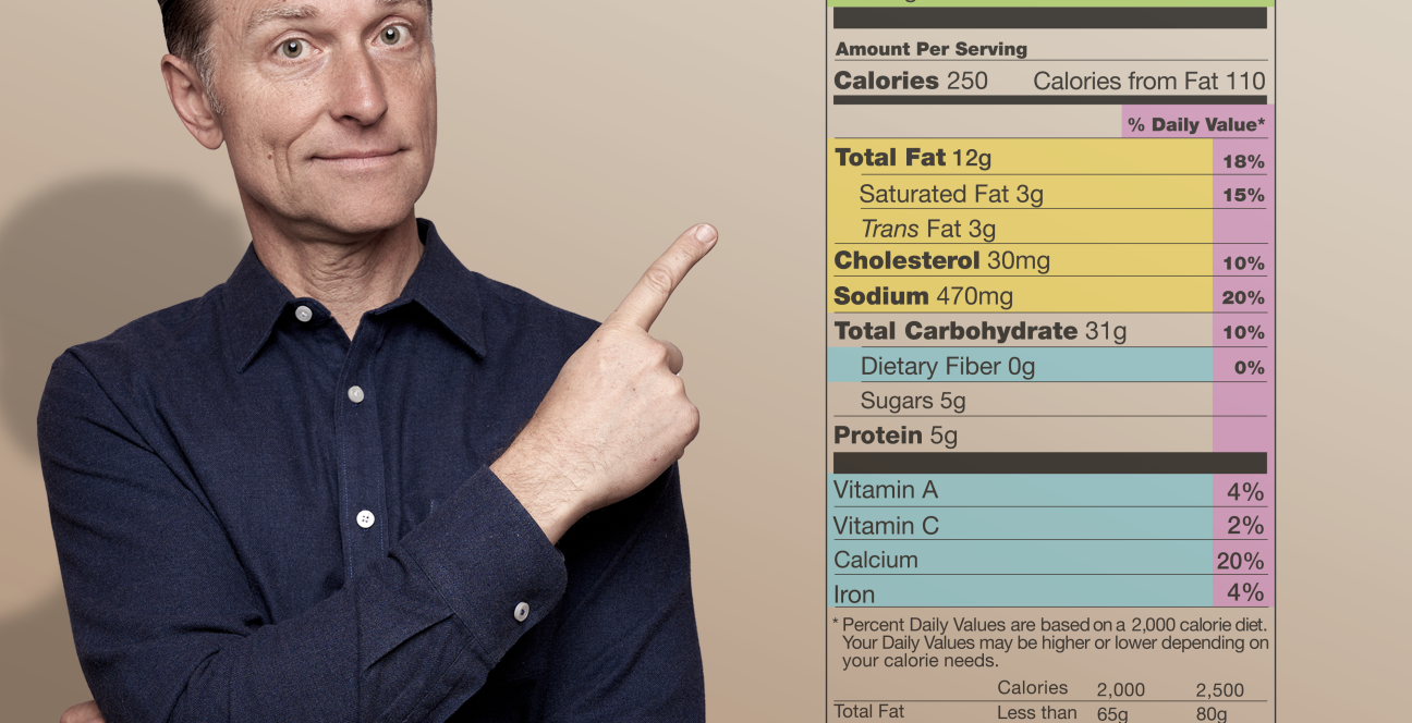 Nutrition facts label with pointing gesture.