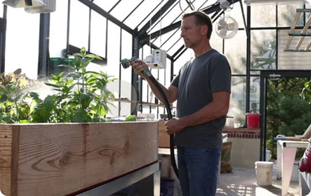 Dr. Berg watering plants in greenhouse.