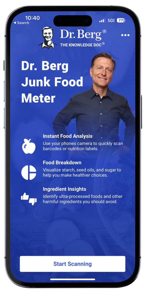 Smartphone with Dr. Berg Junk Food Meter App on screen