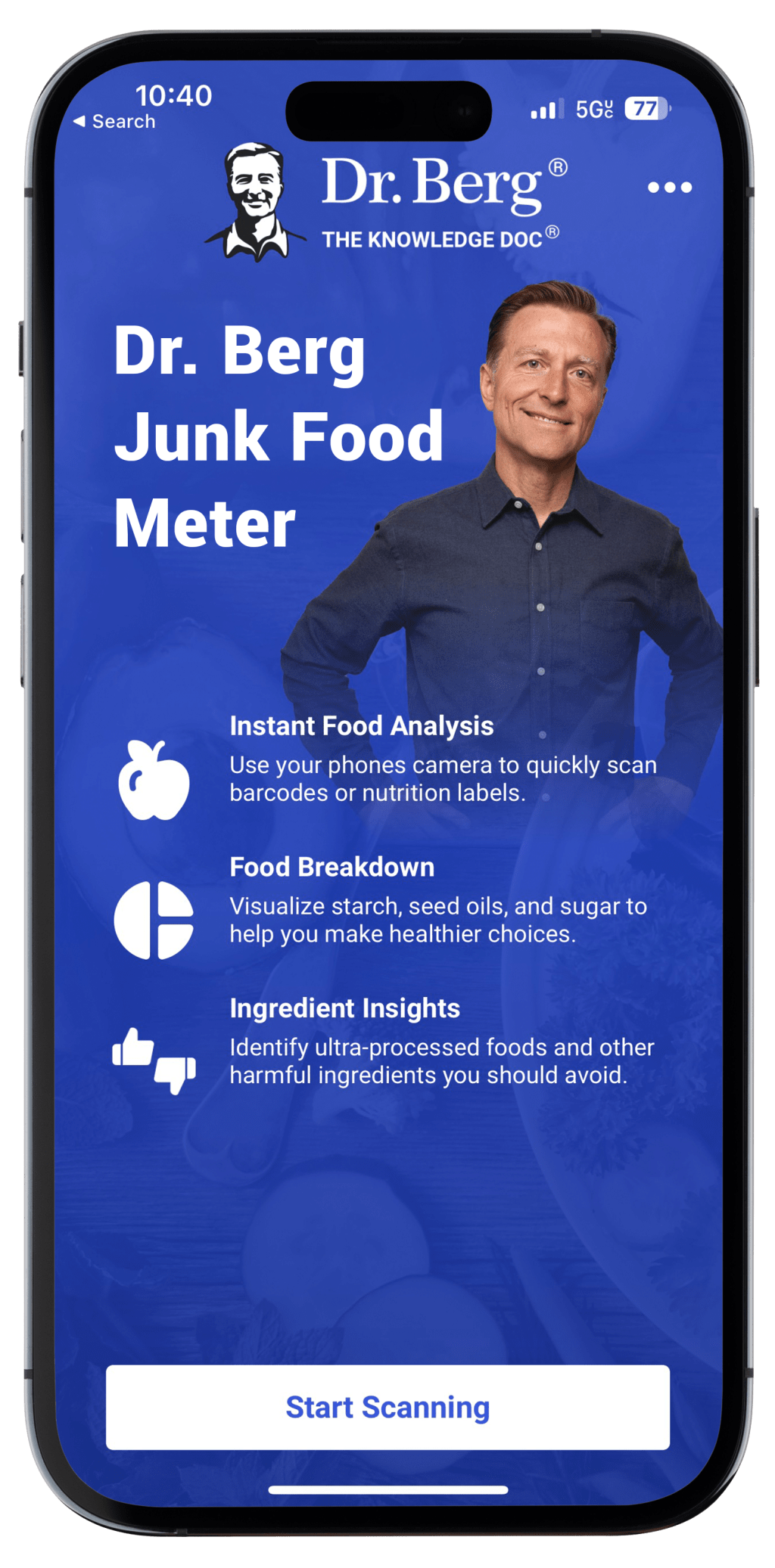 Smartphone with Dr. Berg Junk Food Meter App on screen