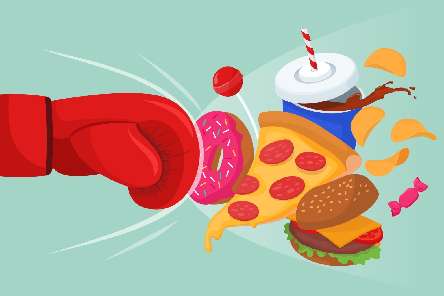Boxing glove hitting fast food   