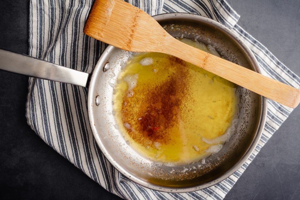 Browned butter in a steel pan