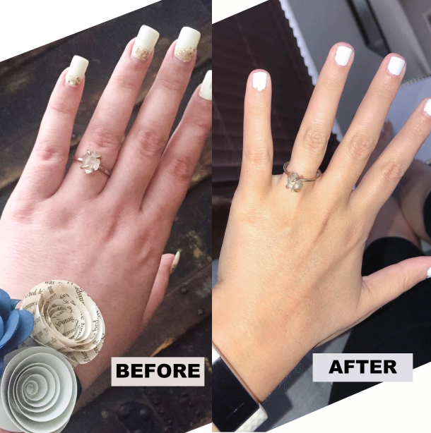 Before and after hand image showing fit of wedding ring